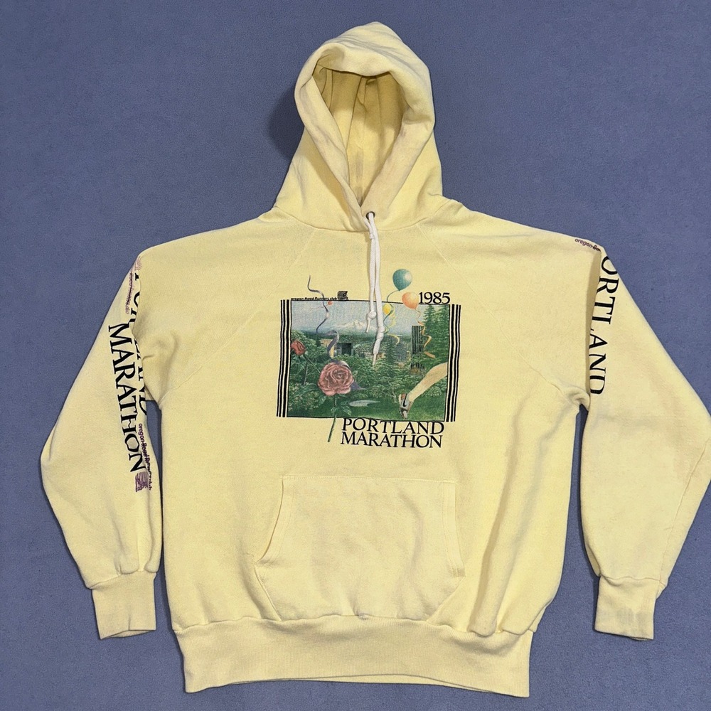 Vintage 1985 Portland Marathon Pullover Hoodie Sweatshirt Yellow Womens Size XL